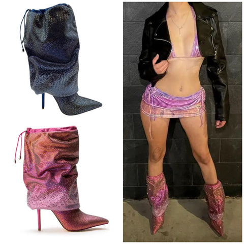 Women Gradient Sparkle Drawstring Fashion Ankle Boots