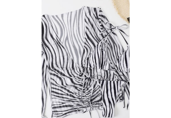 Women Sexy Striped Three Piece Bikini Cover Up Set
