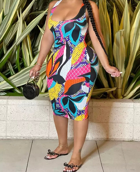 Women Sleeveless Multicolored Print Fashion Dress