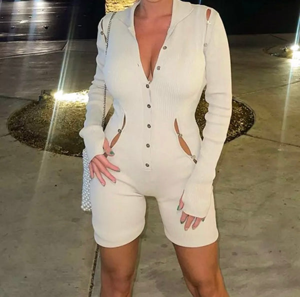 Women Button Up Hollow Out Ribbed Romper