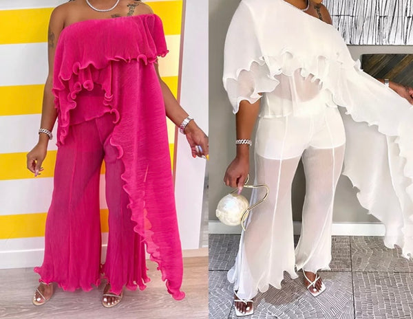 Women Sexy Off The Shoulder Ruffled Asymmetrical Two Piece Pant Set