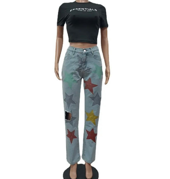 Women Colorful Star Print Fashion Denim Pants