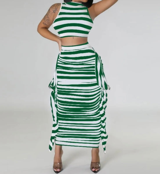 Women Sexy Striped Short Sleeve Crop Two Piece Maxi Skirt Set