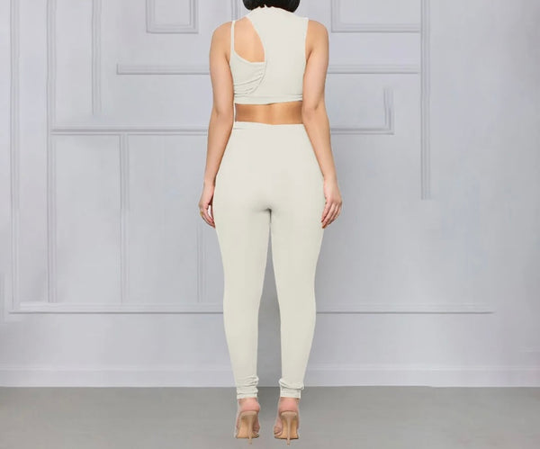 Women Sleeveless Solid Color Crop Two Piece Pant Set