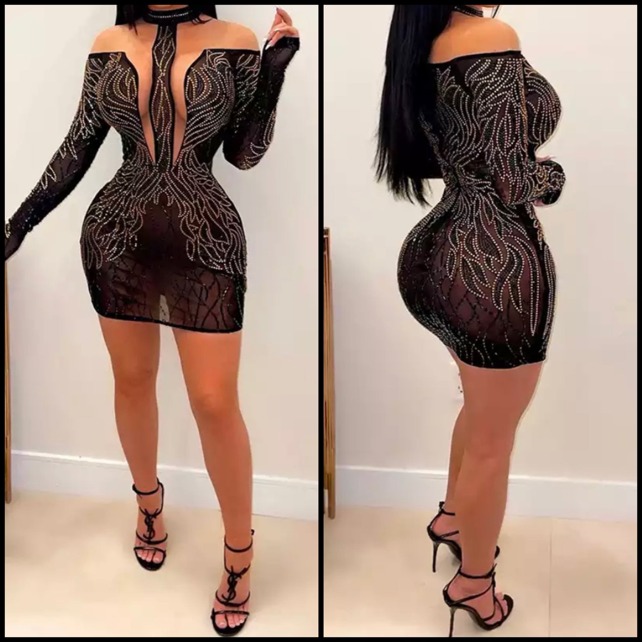 Women Mesh Patchwork Rhinestone Sexy Long Sleeve Dress