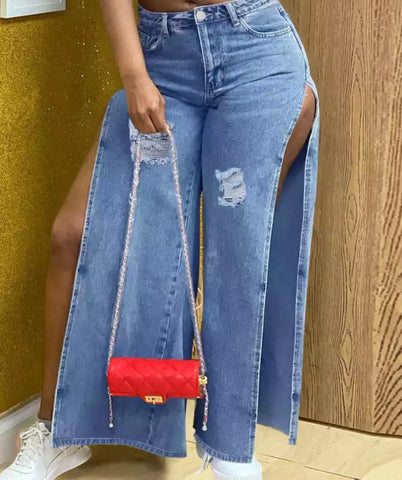 Women Fashion High Side Split Denim Pants