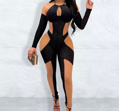 Women Sexy Halter Mesh Patchwork Fashion Jumpsuit