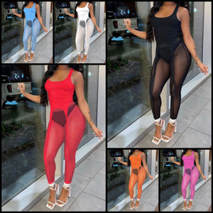 Women Sexy Fashion Sleeveless Tank Two Piece Mesh Pant Set