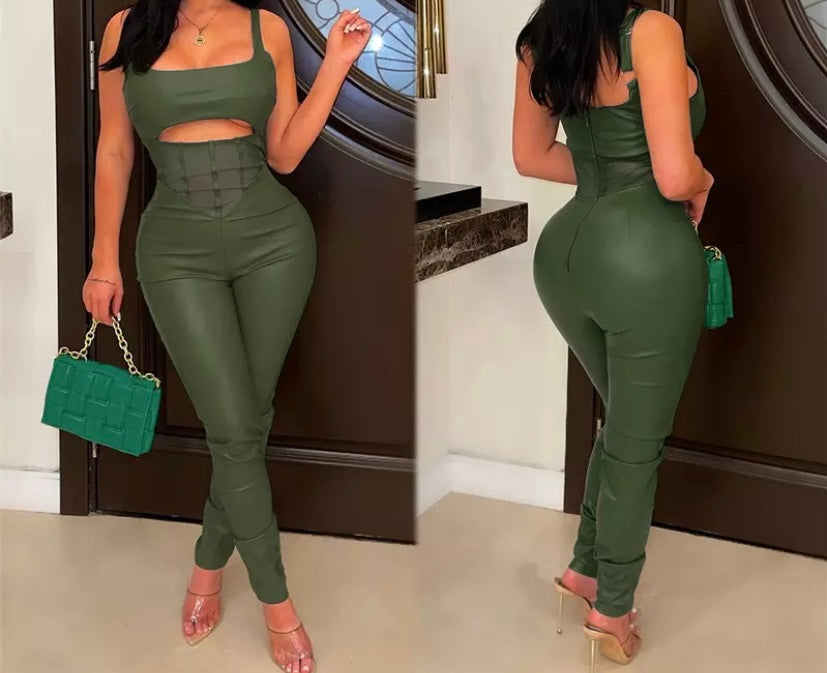 Women Sexy Sleeveless PU Fashion Jumpsuit