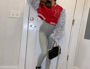 Women Fashion Faux Fur Sleeve Varsity Jacket