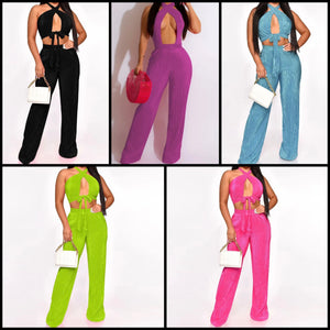 Women Sexy Sleeveless Solid Color Crop Two Piece Pant Set