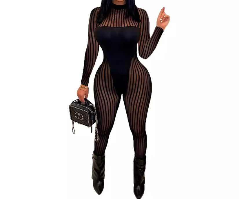 Women Sexy Mesh Striped Patchwork Full Sleeve Fashion Jumpsuit