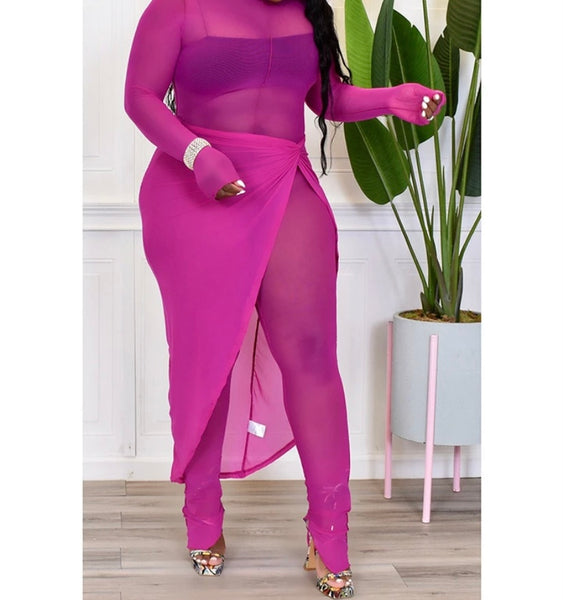 Women Sexy Long Sleeve Mesh Asymmetrical Two Piece Jumpsuit Set