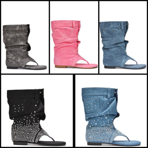 Women Open Toe Ruched Denim Ankle Sandals