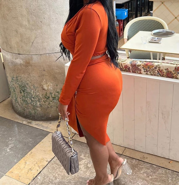 Women Sexy Orange Full Sleeve Ruched Crop Two Piece Skirt Set