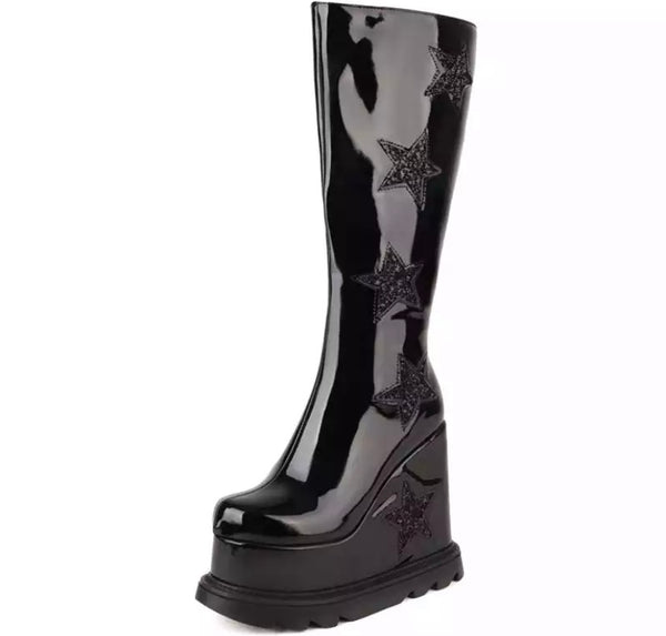 Women Patent Leather Star Thick Platform Knee-High Boots