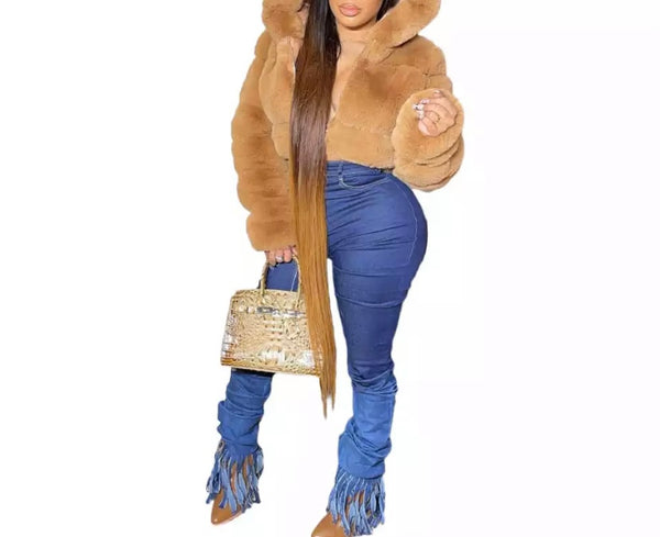 Women Fashion Faux Fur Hooded Crop Jacket