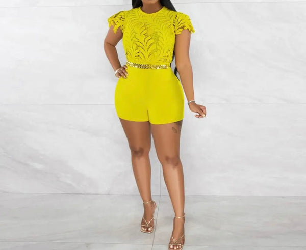 Women Sexy Solid Color Lace Patchwork Short Sleeve Romper