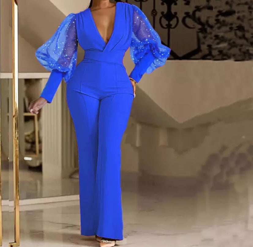 Women Sexy V-Neck Mesh Patchwork Full Sleeve Jumpsuit