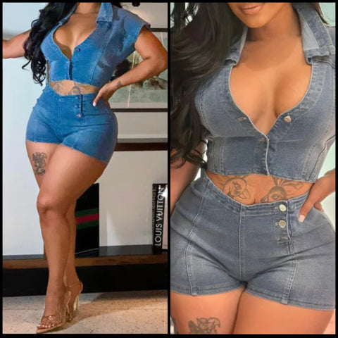Women Sexy Short Sleeve Cut Out Denim Romper