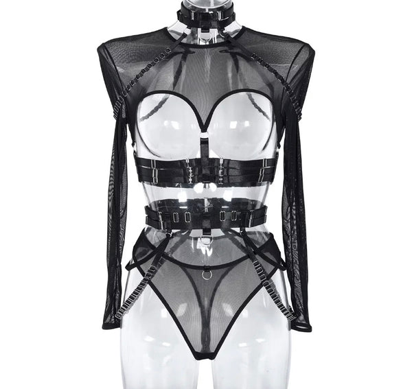 Women Sexy Cut Out Mesh Full Sleeve Lingerie Set