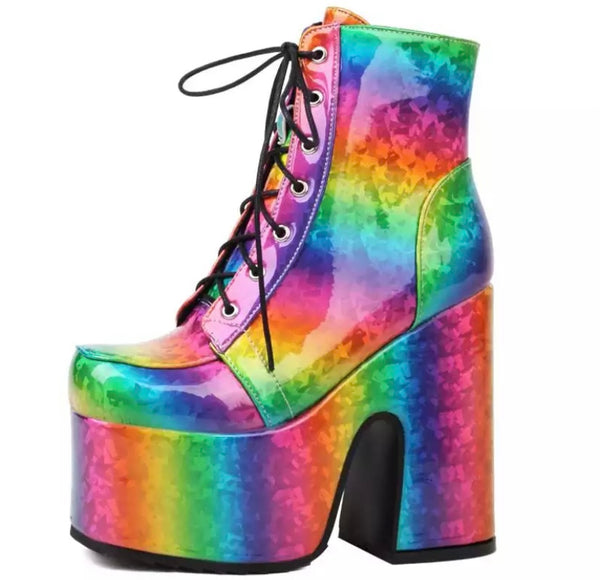 Women Lace Up Printed Platform Ankle Boots