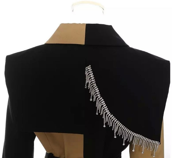 Women Color Patchwork Rhinestone Tassel Asymmetrical Jacket