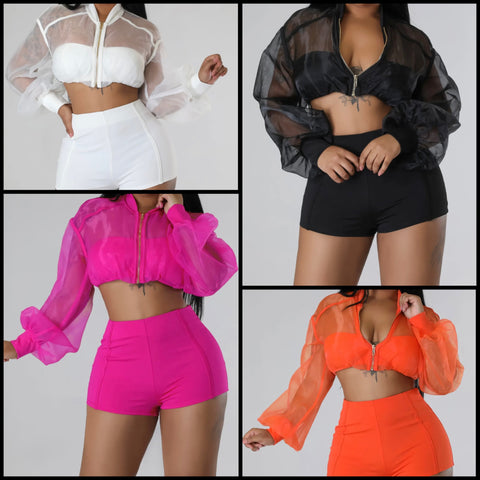 Women Sexy Full Sleeve Mesh Zip Up Crop Two Piece Short Set