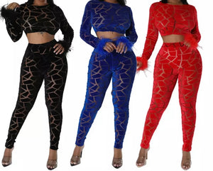 Women Sexy Velour Mesh Patchwork Feather Two Piece Pant Set