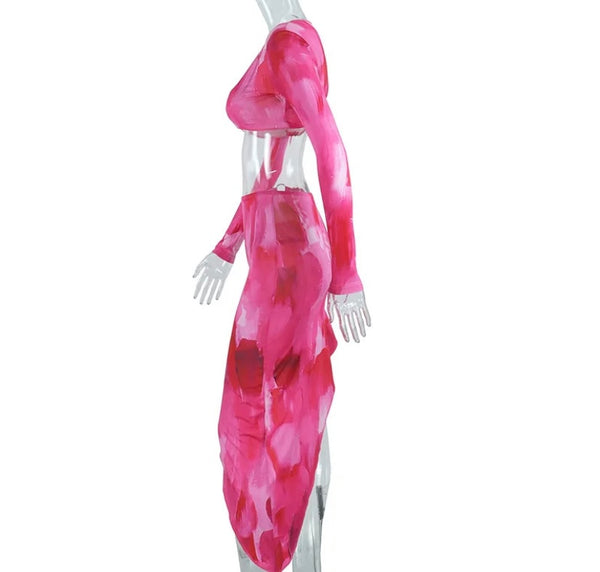 Women Sexy Pink Tie Dye Long Sleeve Two Piece Skirt Set