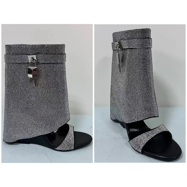 Women Bling Lock Open Toe Wedge Ankle Boots