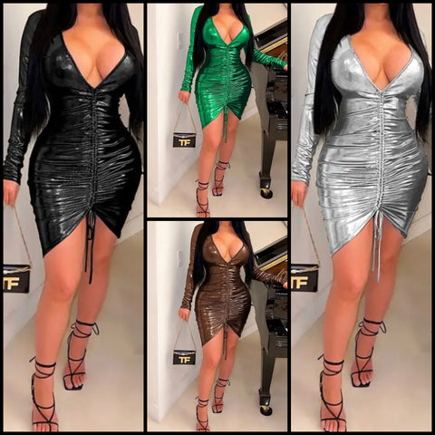 Women Sexy Full Sleeve PU Drawstring Dress