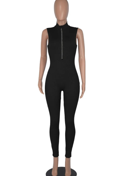 Women Sleeveless Fashion Front Zipper Jumpsuit