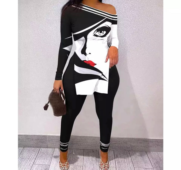 Women Off The Shoulder Printed Fashion Two Piece Pant Set