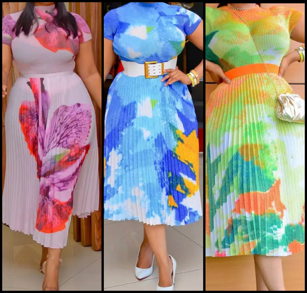 Women Printed Pleated Fashion Two Piece Maxi Skirt Set