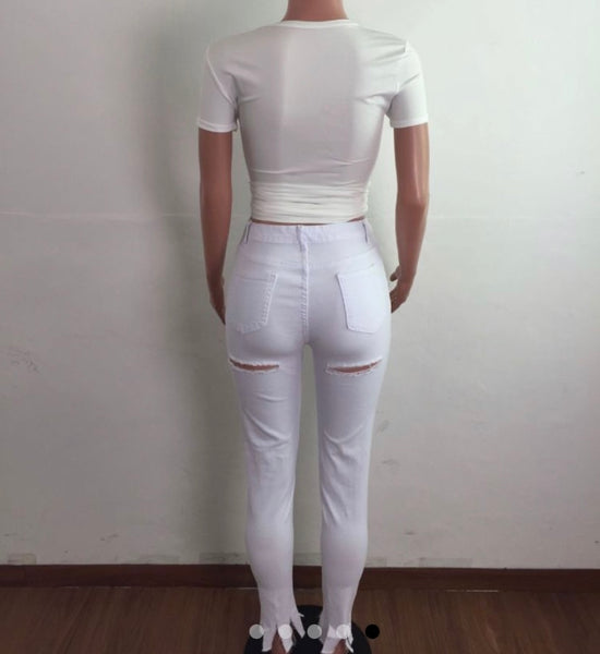 Women White Fashion Ripped Denim Pants