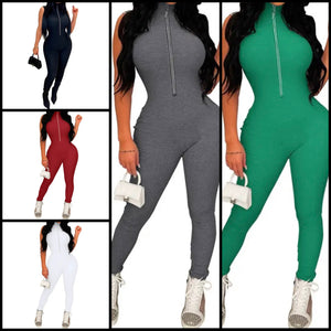 Women Sleeveless Fashion Front Zipper Jumpsuit