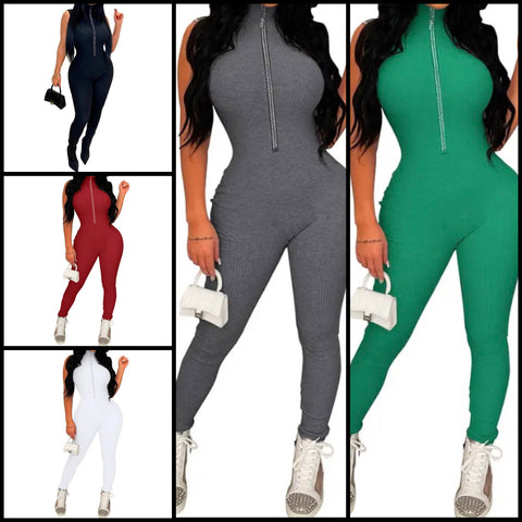 Women Sleeveless Fashion Front Zipper Jumpsuit