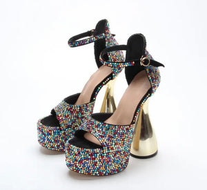 Women Platform Rhinestone Gold High Heel Sandals
