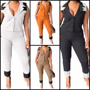 Women Fashion Sleeveless Button Up Color Patchwork Two Piece Pant Set