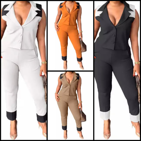 Women Fashion Sleeveless Button Up Color Patchwork Two Piece Pant Set