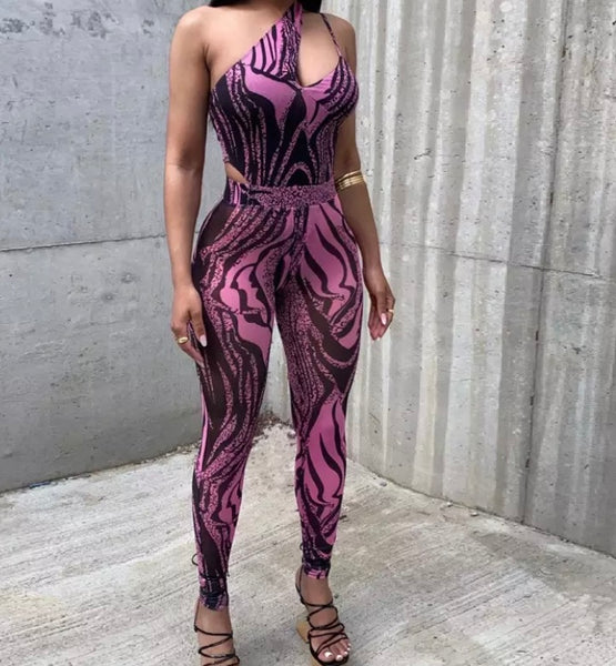 Women One Shoulder Printed Sleeveless Fashion Jumpsuit