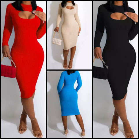 Women Ribbed Cut Out Sexy Full Sleeve Dress