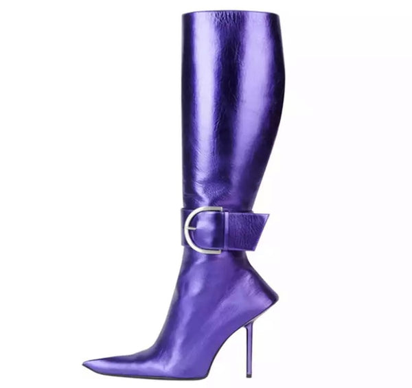 Women Pointed Toe Buckled Strap Knee High Boots