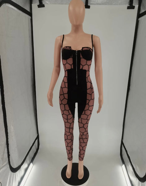 Women Black Sleeveless Mesh Patchwork Front Zipper Jumpsuit