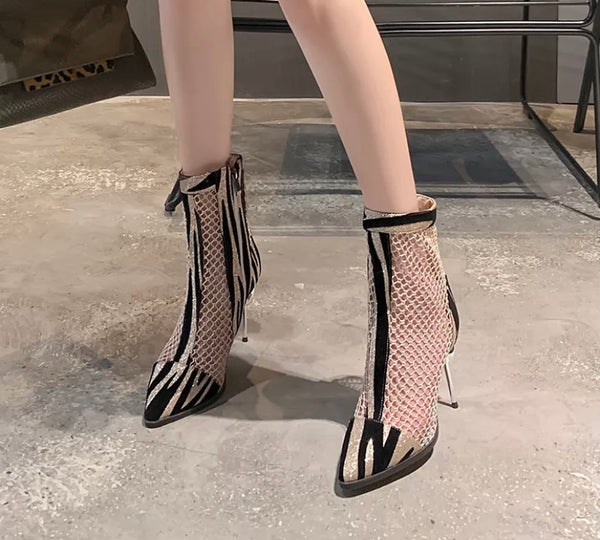 Women Printed Mesh Fashion High Heel Ankle Boots