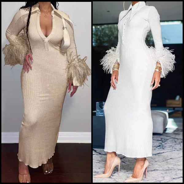 Women Full Sleeve Feather Sexy Ribbed Maxi Dress