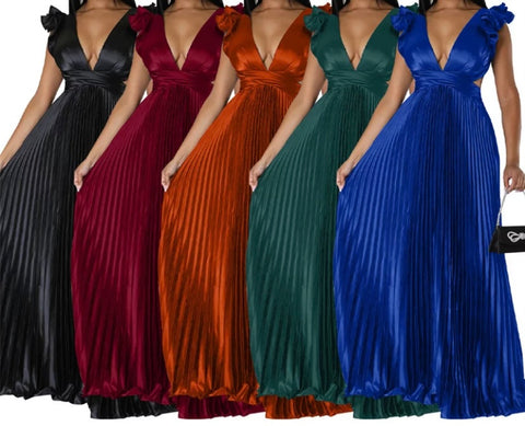 Women Sexy Sleeveless Ruffled Open Back Pleated Maxi Dress
