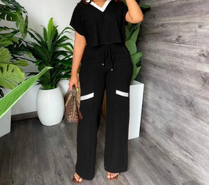 Women Short Sleeve Color-Block Fashion Two Piece Pant Set