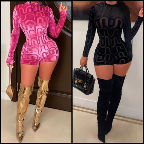 Women Sexy Printed Mesh Patchwork Velour Full Sleeve Romper